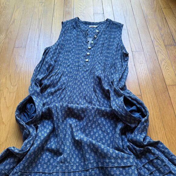 Faherty Size Small Blue Floral Print Linen Blend Sleeveless Pintucked Midi Dress - Picture 15 of 15